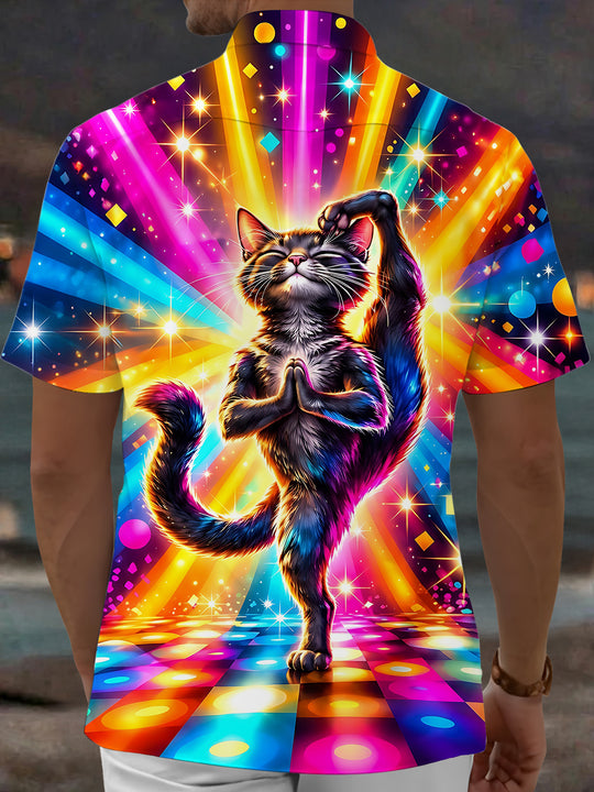 Adaychic Men's Graphic Yoga Cat With Disco Background Print Short Sleeve Shirt with Chest Pocket
