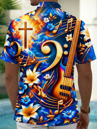 Adaychic Men's Hawaiian Bass Guitar And Musical Notes Print Short Sleeve Shirt with Chest Pocket