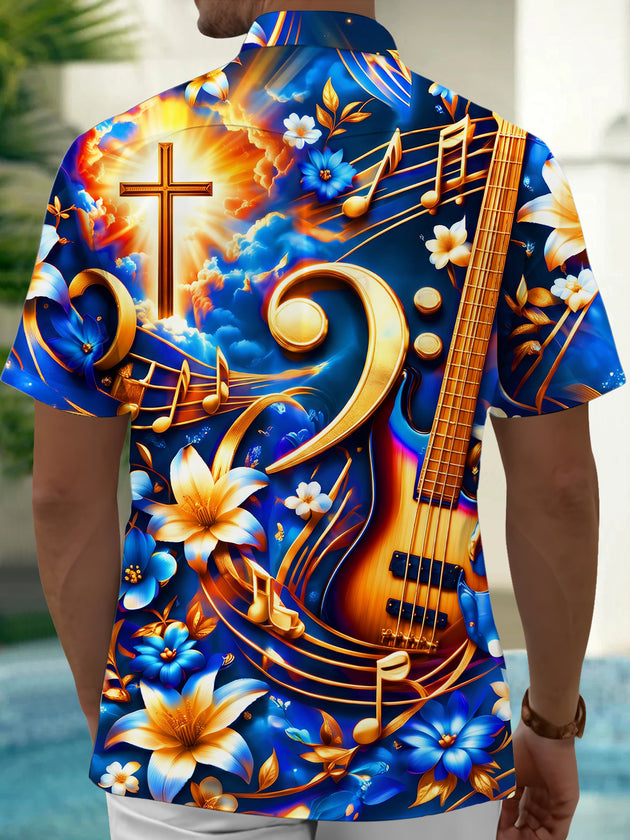 Adaychic Men's Hawaiian Bass Guitar And Musical Notes Print Short Sleeve Shirt with Chest Pocket