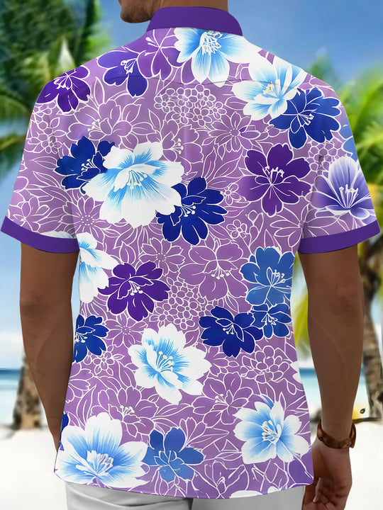 Men's blue floral Hawaiian short sleeve shirt back view