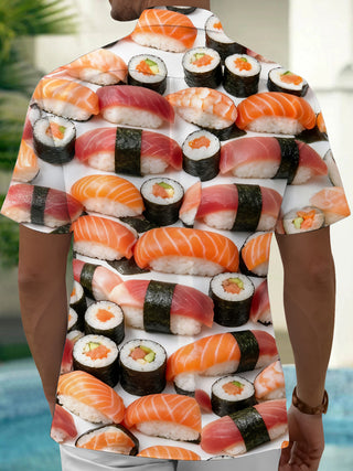 Adaychic Men's Hawaiian Sushi Rolls And Nigiri Print Short Sleeve Shirt with Chest Pocket
