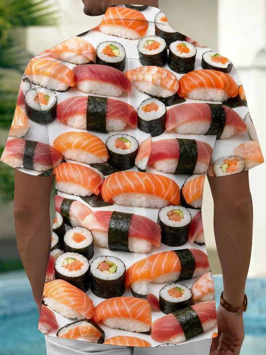 Adaychic Men's Hawaiian Sushi Rolls And Nigiri Print Short Sleeve Shirt with Chest Pocket