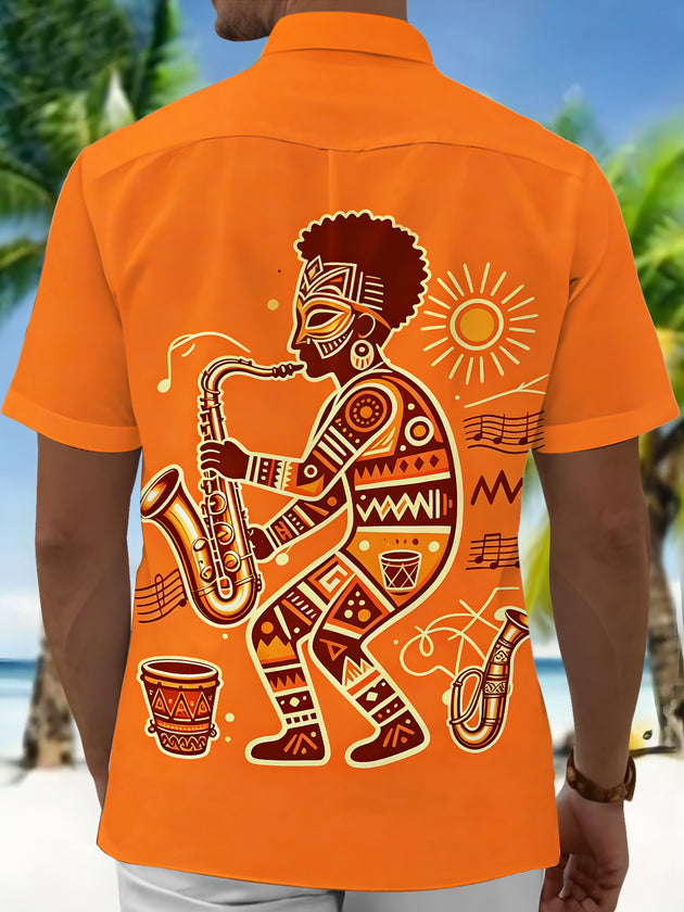Adaychic Men's Hawaiian African Jazz Musician Print Short Sleeve Shirt with Chest Pocket