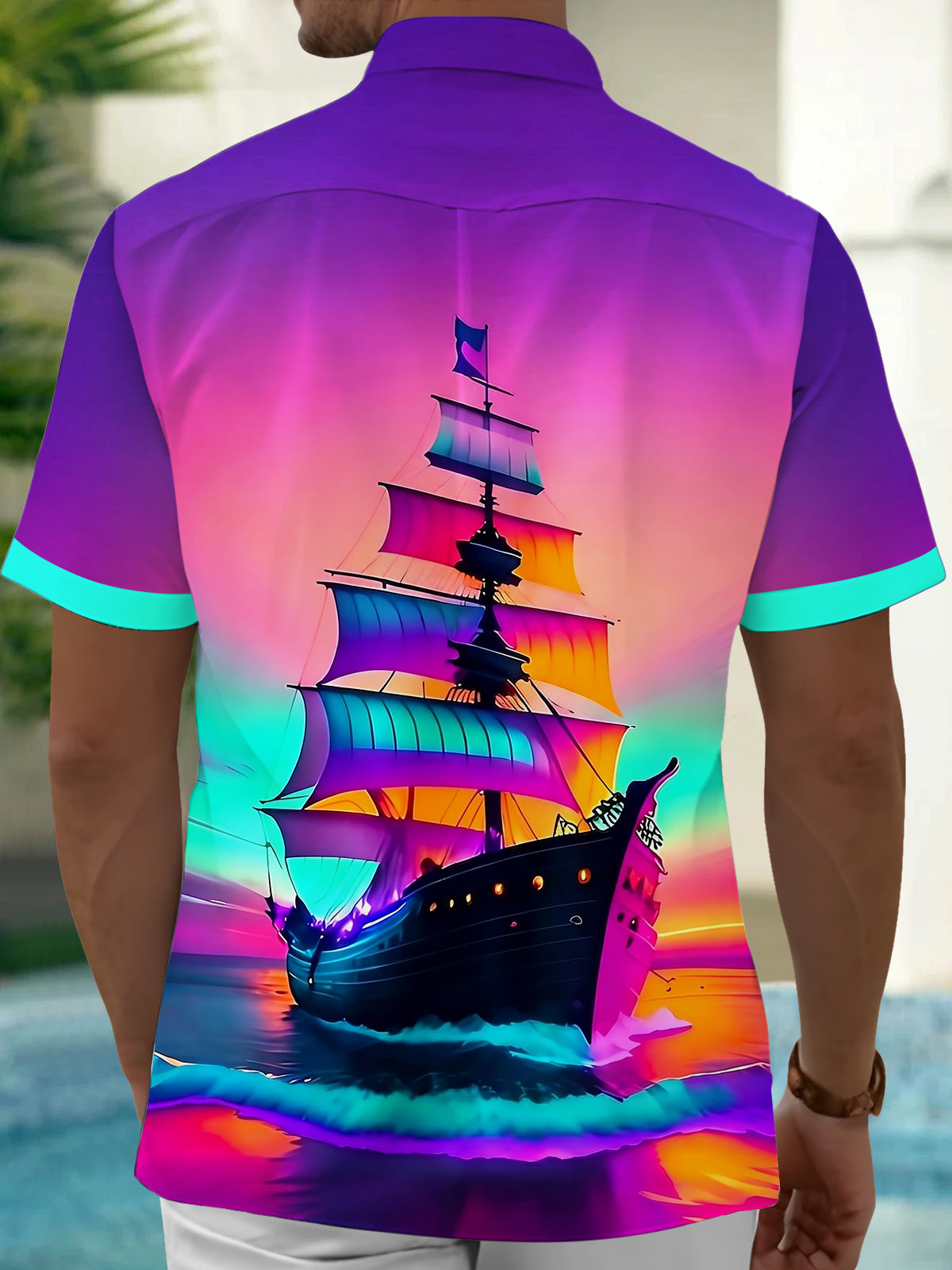 Adaychic Men's Hawaiian Sailing Ship Print Short Sleeve Shirt with Chest Pocket