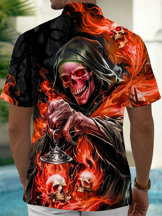 Adaychic Men's Graphic Grim Reaper Skull Flame Print Short Sleeve Button Down Shirt with Chest Pocket