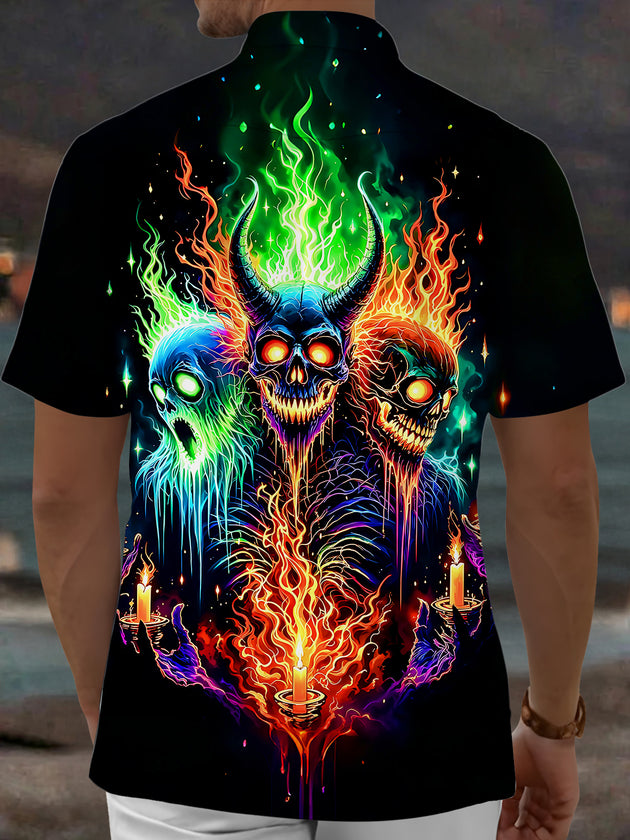 Adaychic Men's Skull Flame Candle Graphic Print Short Sleeve Button Down Shirt with Chest Pocket
