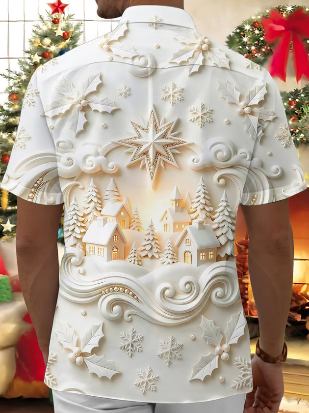Adaychic Men's 3D 3D Snow Scene Print Christmas Town Print Short Sleeve Shirt with Chest Pocket