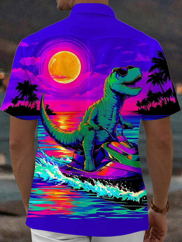Adaychic Men's Hawaiian Dinosaur On Jet Ski Print Short Sleeve Shirt with Chest Pocket