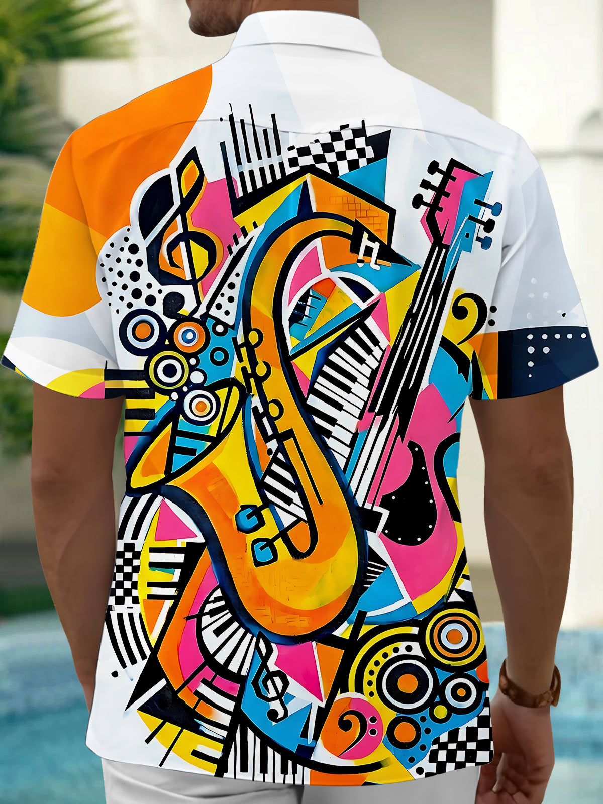 Adaychic Men's Musical Instruments Collage Print Short Sleeve Shirt with Chest Pocket