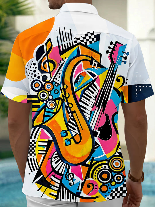 Adaychic Men's Musical Instruments Collage Print Short Sleeve Shirt with Chest Pocket