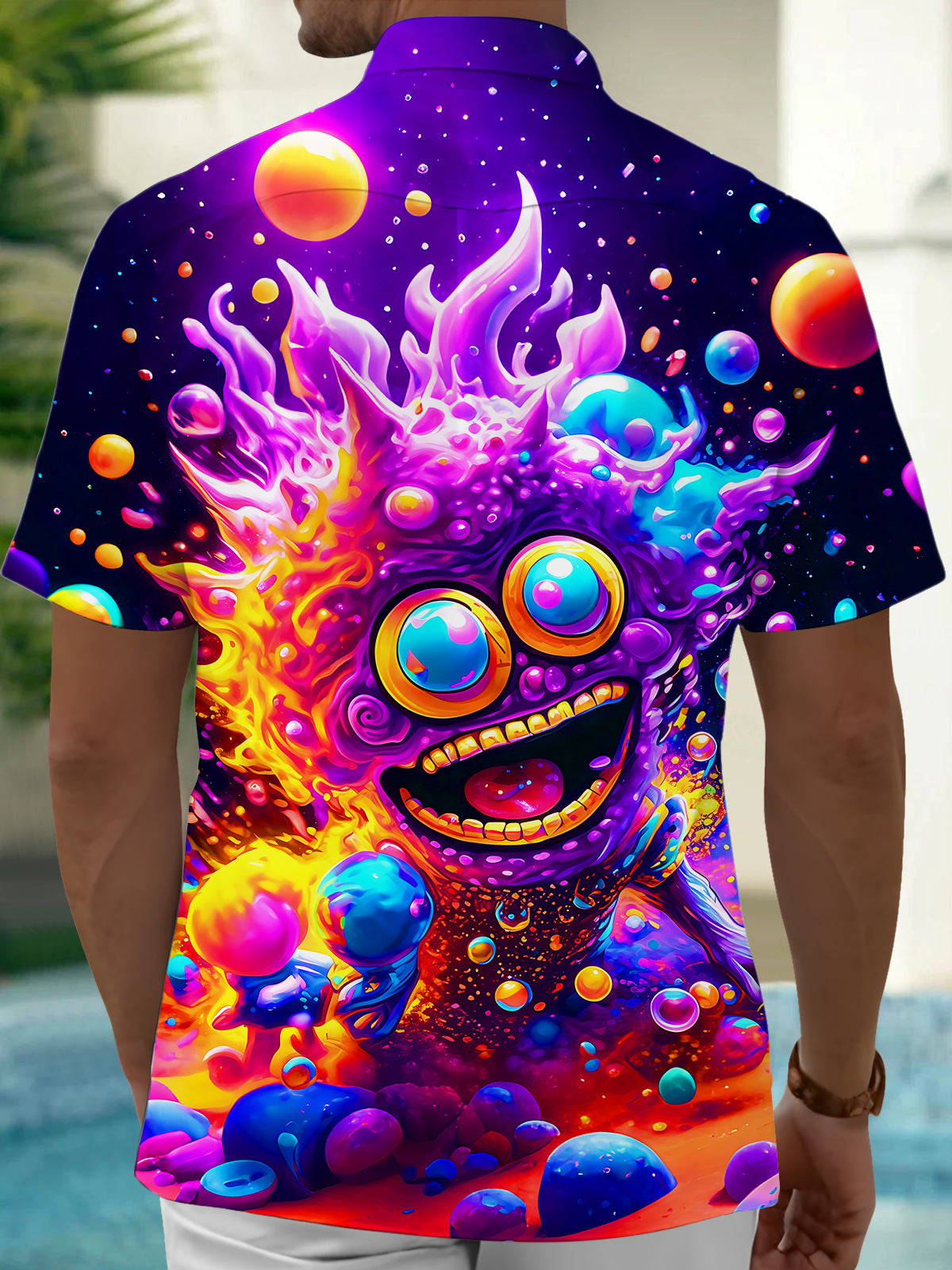 Adaychic Men's Graphic Psychedelic Alien Monster Print Short Sleeve Shirt with Chest Pocket