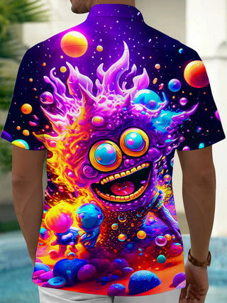 Adaychic Men's Graphic Psychedelic Alien Monster Print Short Sleeve Shirt with Chest Pocket