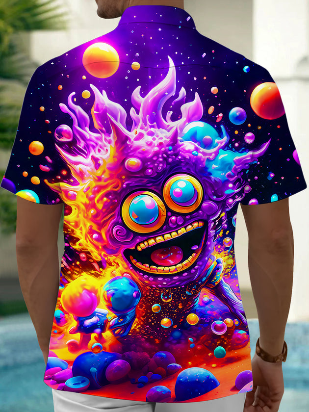 Adaychic Men's Graphic Psychedelic Alien Monster Print Short Sleeve Shirt with Chest Pocket