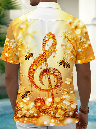 Adaychic Men's Hawaiian Golden Treble Clef Print Short Sleeve Shirt with Chest Pocket