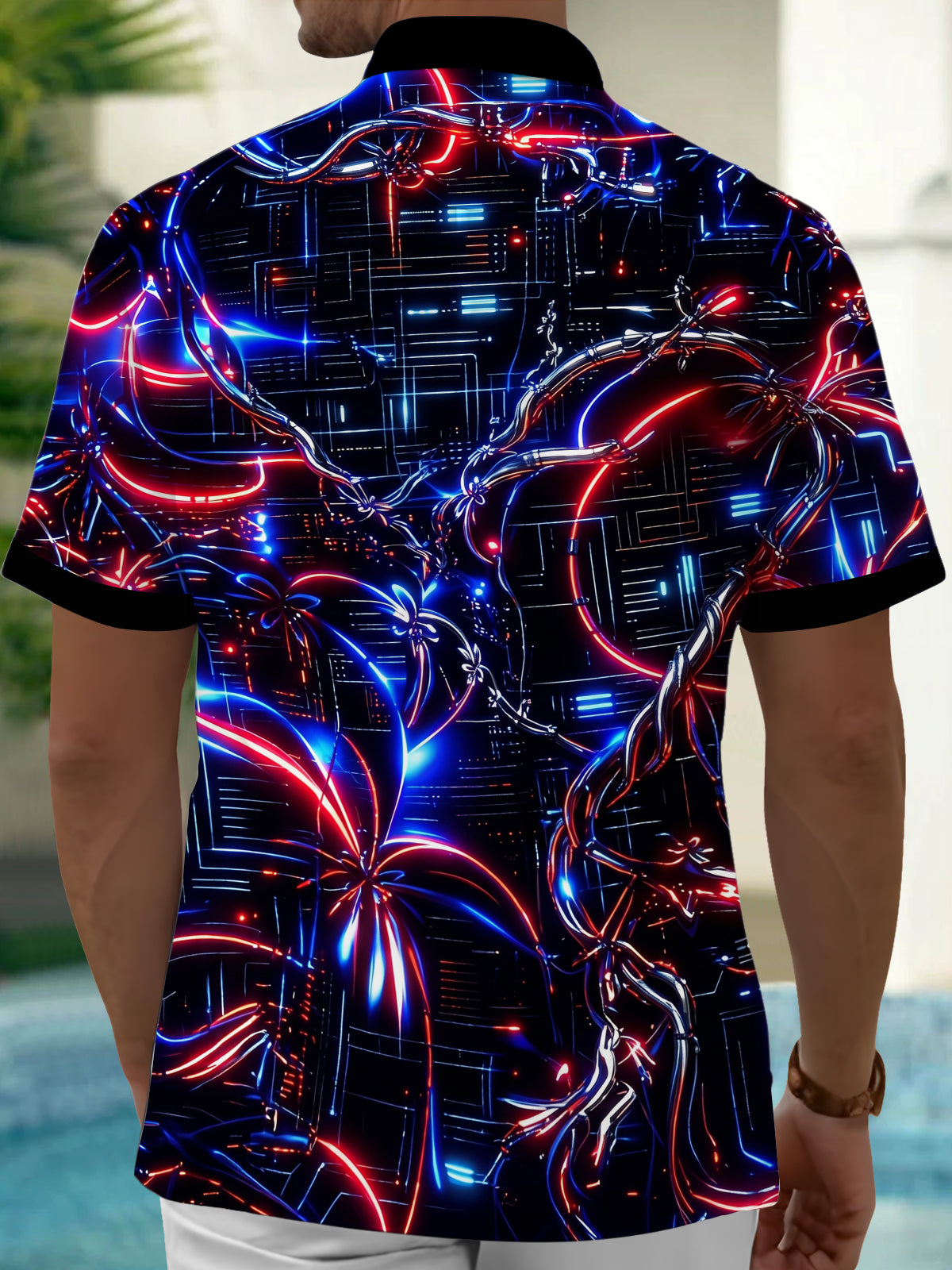 Adaychic Men's Patterned Neon Circuit Lines Print Short Sleeve Shirt with Chest Pocket
