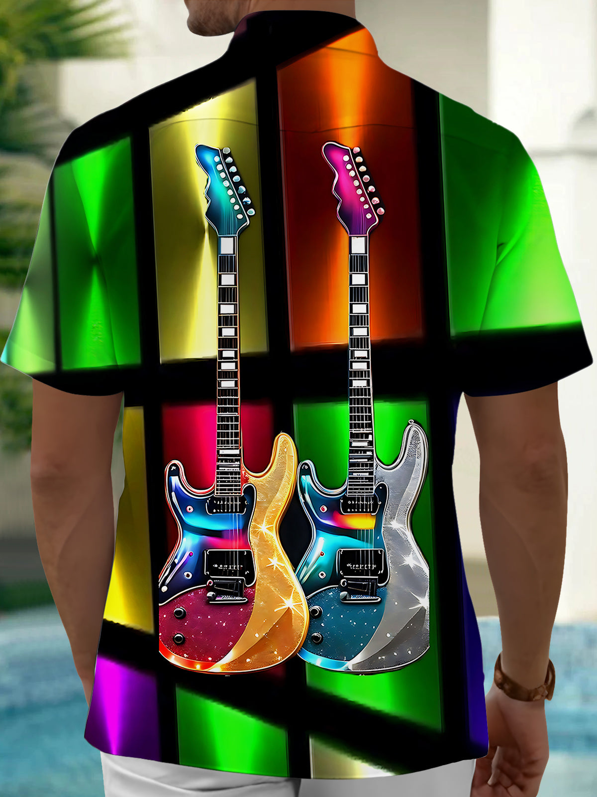 Colorful Music Guitar Men's Pocket Short Sleeve Shirts