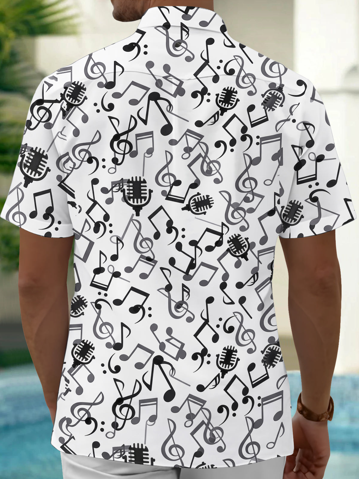 Adaychic Men's Graphic Musical Notes Print Short Sleeve Shirt with Chest Pocket