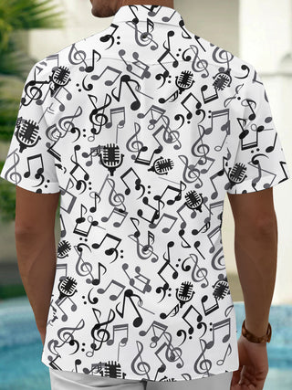 Adaychic Men's Graphic Musical Notes Print Short Sleeve Shirt with Chest Pocket