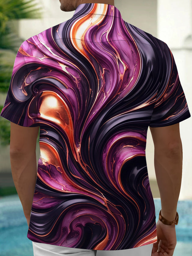 Adaychic Men's Patterned Abstract Fluid Marble Texture Print Short Sleeve Shirt with Chest Pocket
