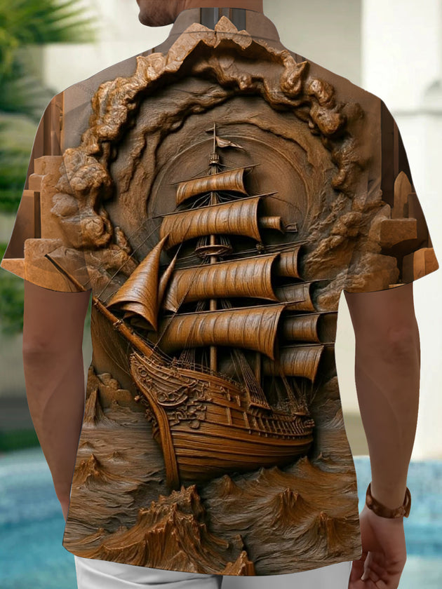 Adaychic Men's Wooden Ship Relief Print Short Sleeve Shirt with Chest Pocket