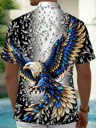 Adaychic Men's Eagle With Blue And Gold Feathers Print Short Sleeve Shirt with Chest Pocket