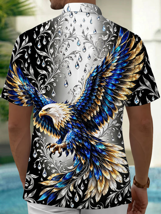 Adaychic Men's Eagle With Blue And Gold Feathers Print Short Sleeve Shirt with Chest Pocket