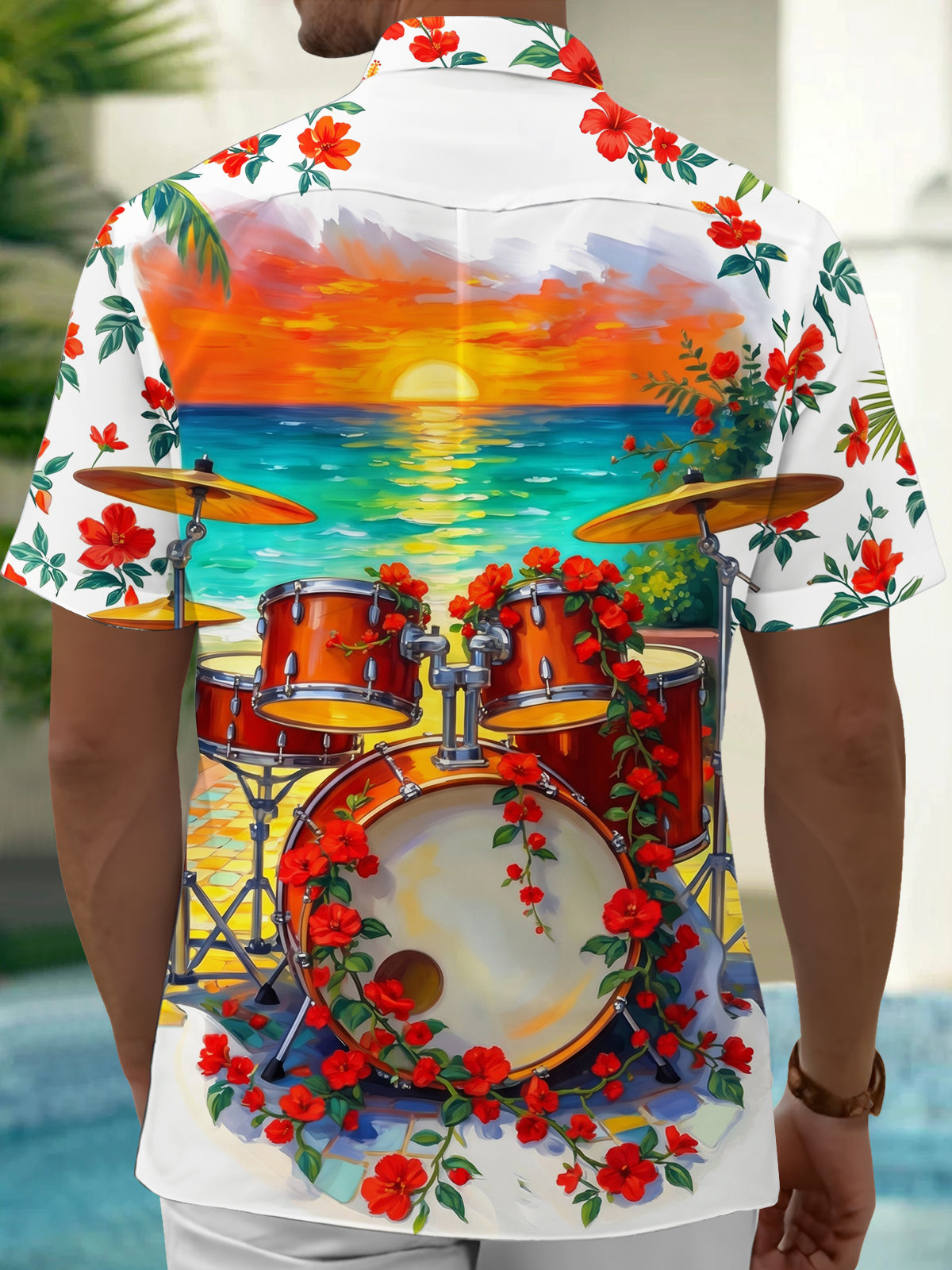 Adaychic Men's Hawaiian Drum Set With Red Flowers Print Short Sleeve Shirt with Chest Pocket