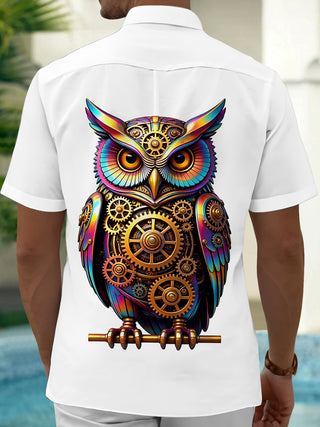 Adaychic Men's Colorful Steampunk Owl With Gears Print Short Sleeve Shirt with Chest Pocket