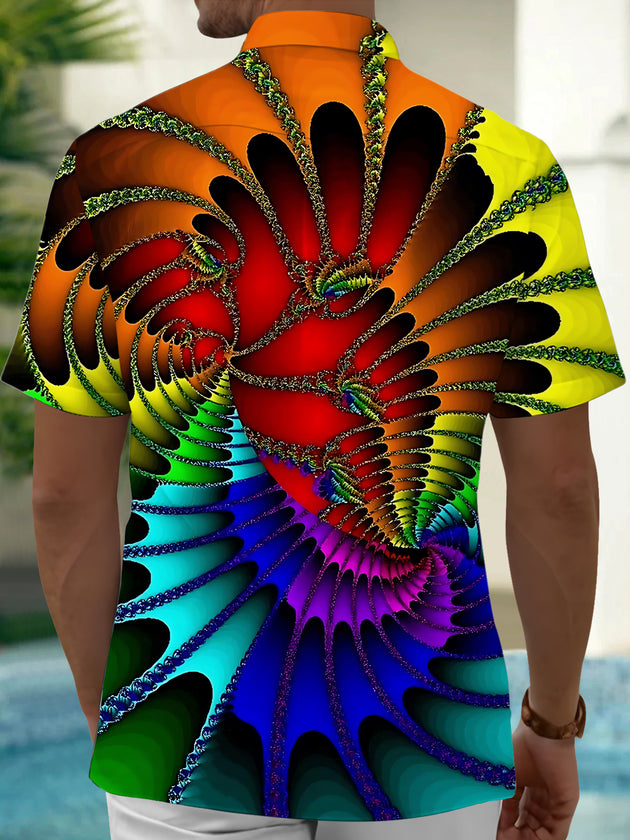Adaychic Men's Red Abstract Psychedelic Swirl Spiral Print Short Sleeve Button Down Shirt with Chest Pocket