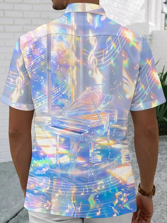 Adaychic Men's Graphic Piano Print Musical Notes Print Short Sleeve Shirt with Chest Pocket