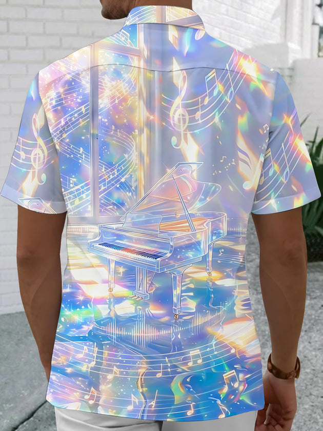 Adaychic Men's Graphic Piano Print Musical Notes Print Short Sleeve Shirt with Chest Pocket