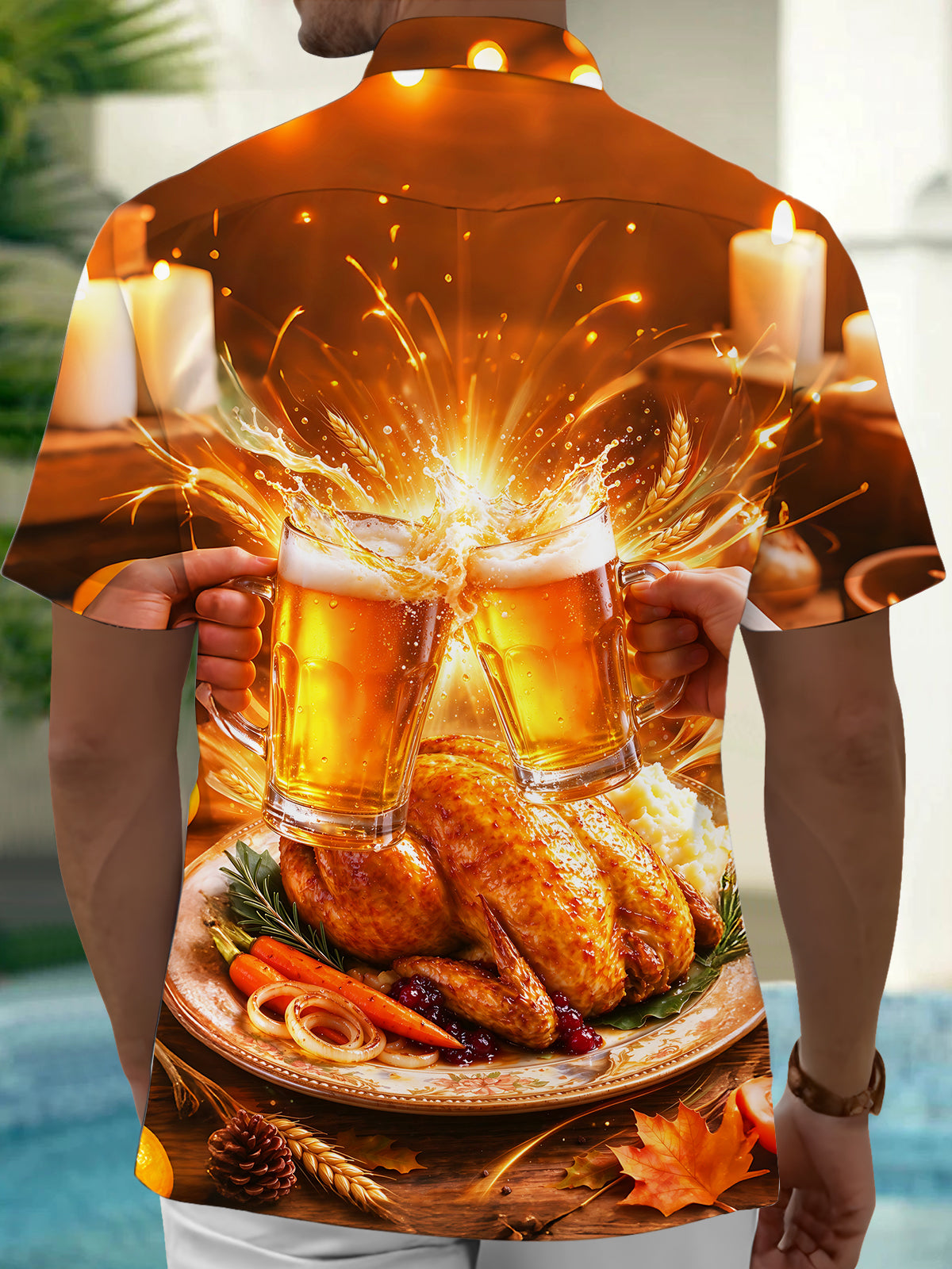 Adaychic Men's Short Sleeve Shirt - Thanksgiving Roasted Turkey And Beer Toast Print with Chest Pocket