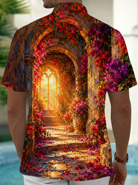 Adaychic Men's Hawaiian Floral Archway And Stone Steps Print Short Sleeve Shirt with Chest Pocket