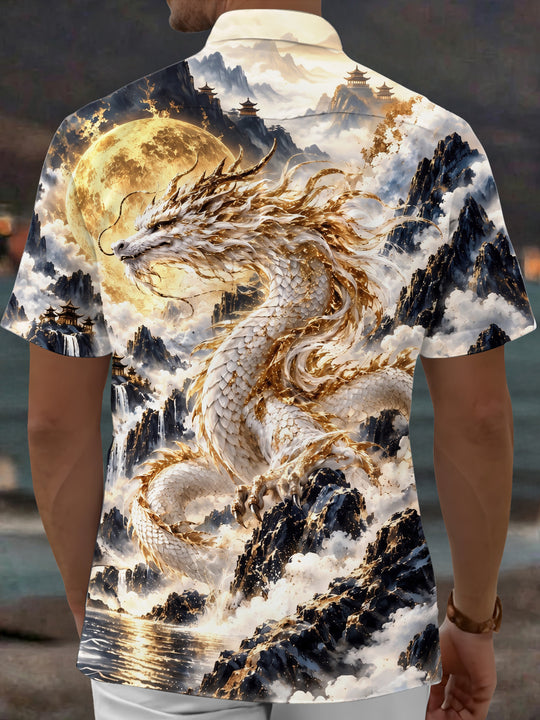 Adaychic Men's Hawaiian Chinese Dragon Print Short Sleeve Shirt with Chest Pocket