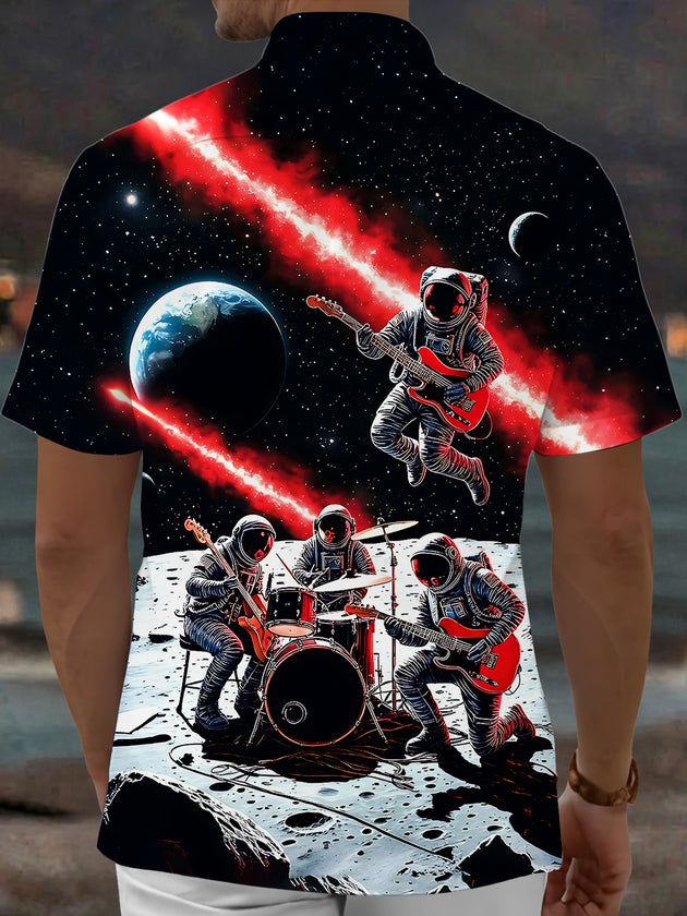 Adaychic Men's Graphic Astronaut Band Print Short Sleeve Shirt with Chest Pocket