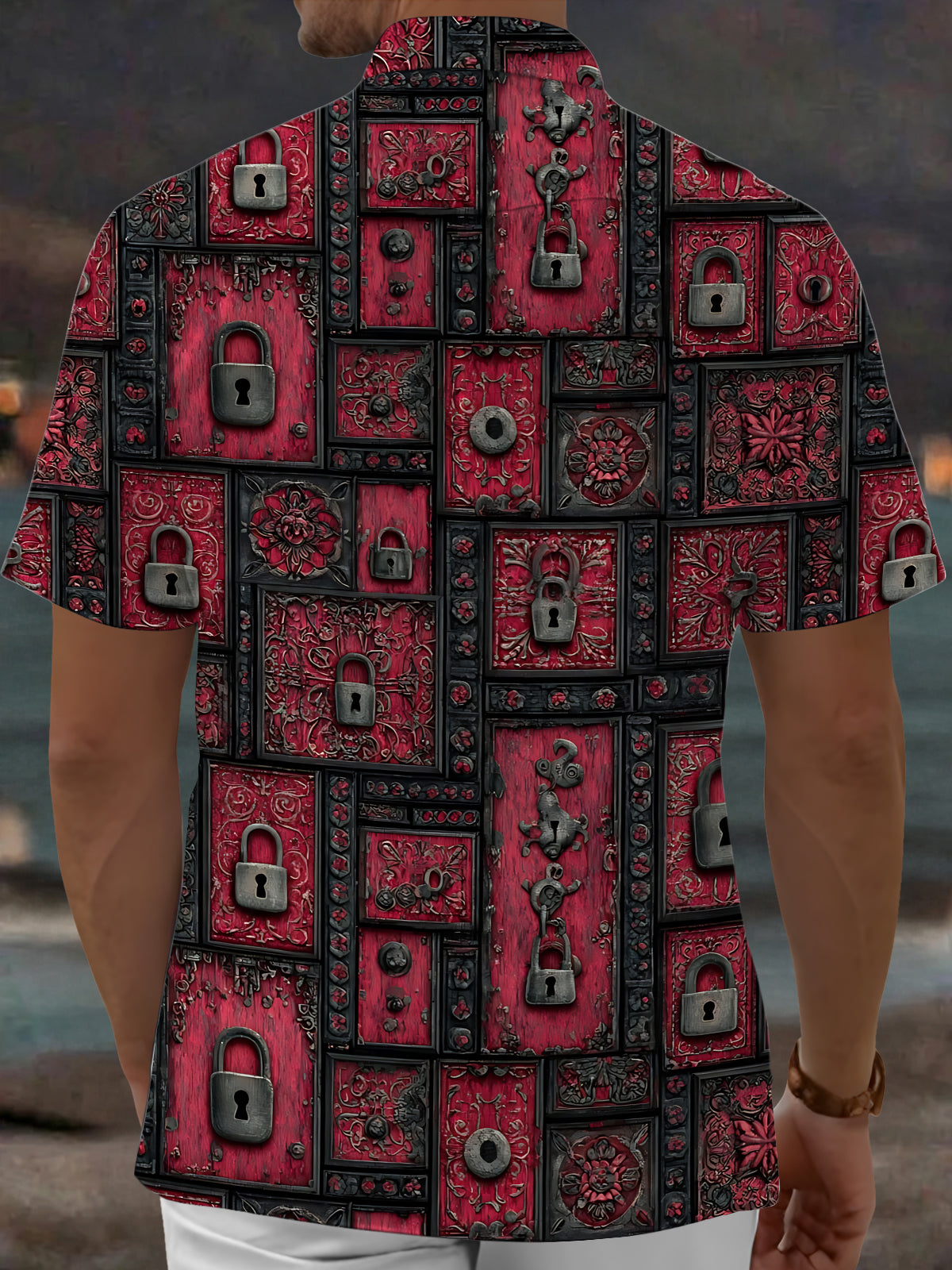 Adaychic Men's Vintage Style Vintage Padlock Pattern Short Sleeve Shirt with Chest Pocket
