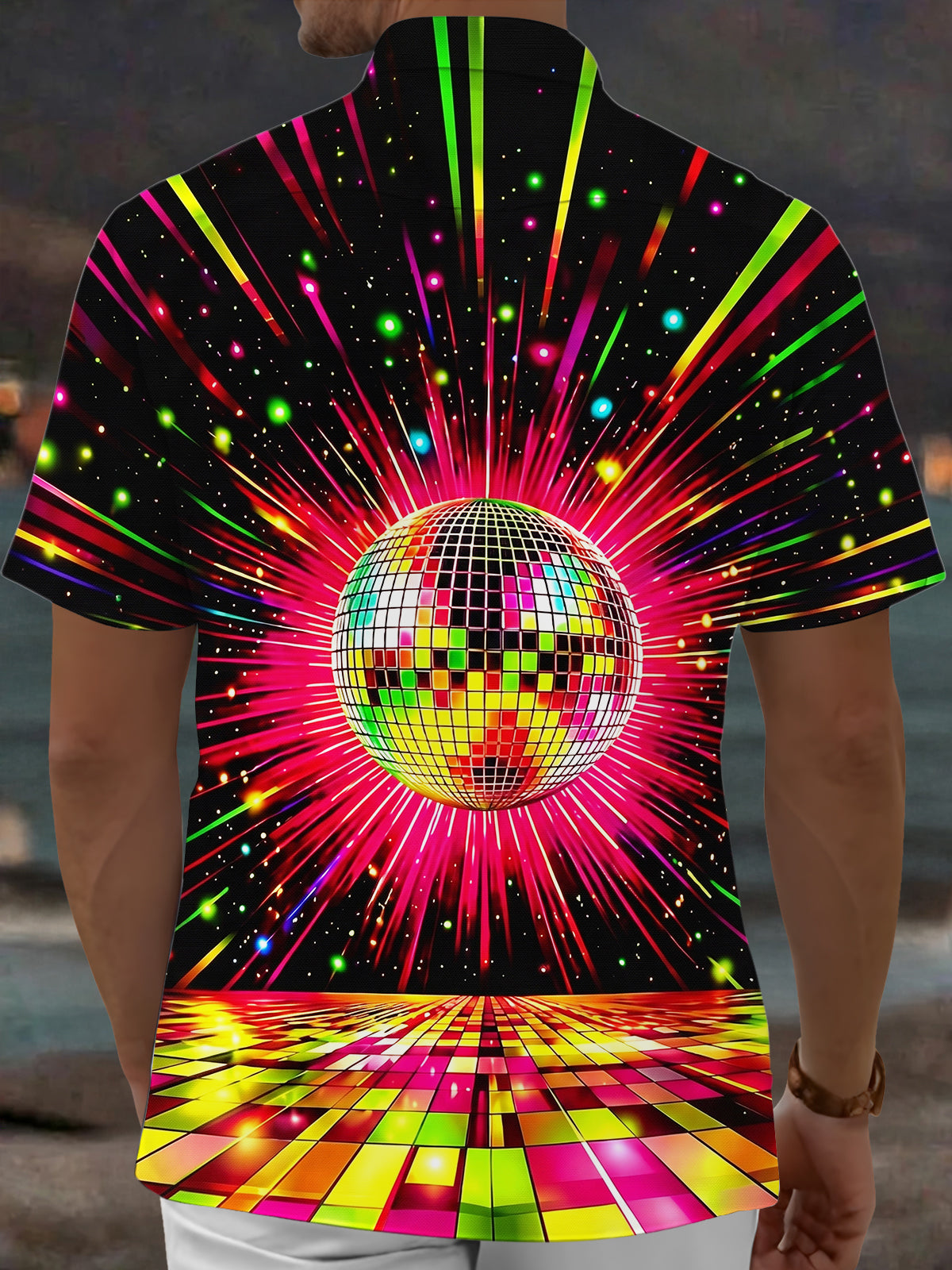 Adaychic Men's Retro Disco Ball Print Neon Light Rays Print Short Sleeve Shirt with Chest Pocket