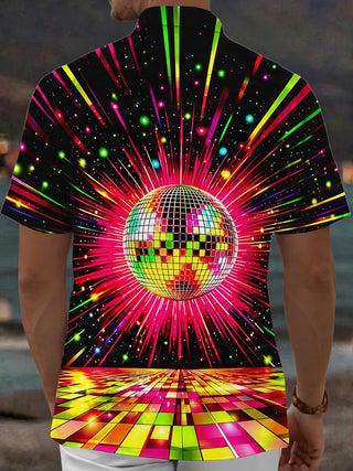 Adaychic Men's Retro Disco Ball Print Neon Light Rays Print Short Sleeve Shirt with Chest Pocket