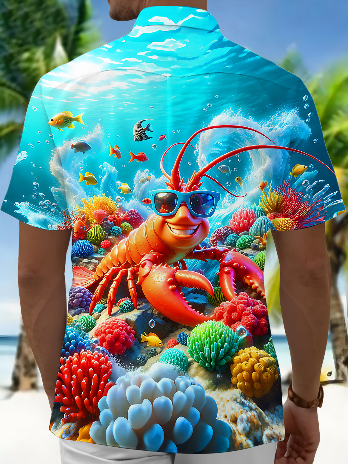 Adaychic Men's Lobster With Sunglasses Print Short Sleeve Shirt with Chest Pocket