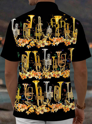 Adaychic Men's Hawaiian Brass Instruments Print Short Sleeve Shirt with Chest Pocket