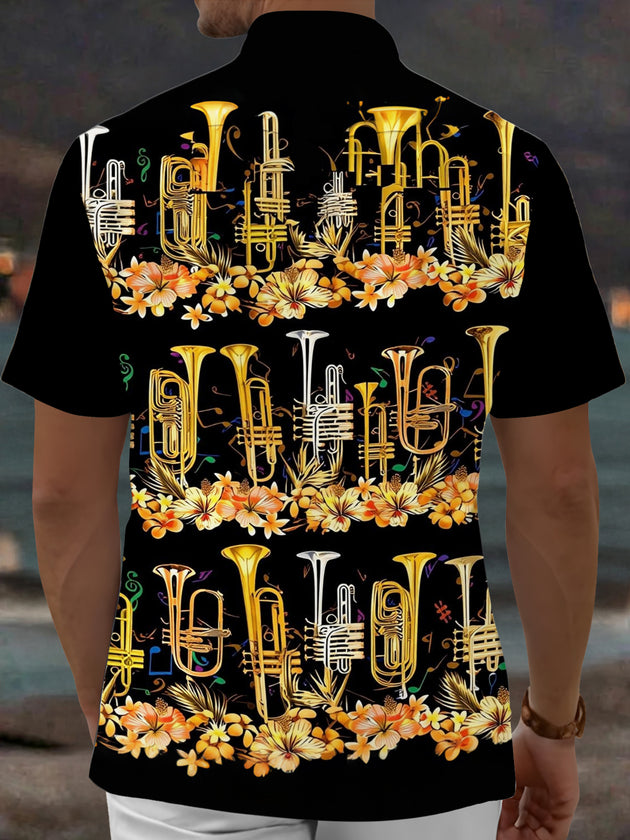 Adaychic Men's Hawaiian Brass Instruments Print Short Sleeve Shirt with Chest Pocket