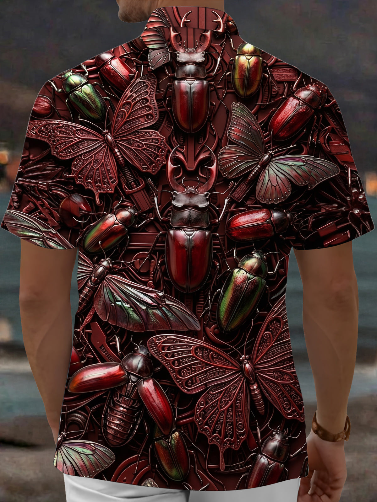 Adaychic Men's Hawaiian Insect Beetle Butterfly Print Short Sleeve Shirt