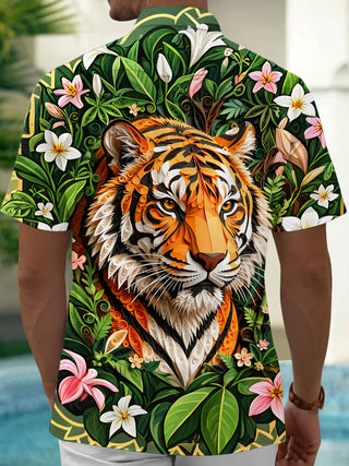Adaychic Men's Hawaiian 3D Relief Tiger Face Print Short Sleeve Shirt with Chest Pocket