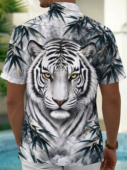 Adaychic Men's Hawaiian White Tiger Face Print Short Sleeve Shirt with Chest Pocket