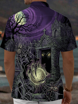 Adaychic Men's Short Sleeve Shirt - Halloween Gothic Graveyard With Ghost Claw And Spider Print with Chest Pocket