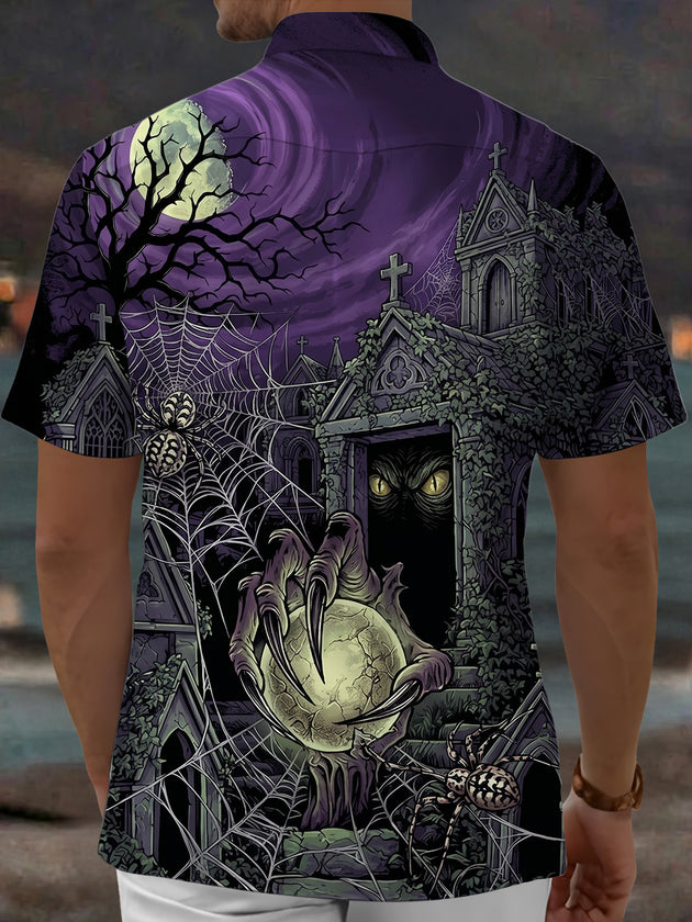 Adaychic Men's Short Sleeve Shirt - Halloween Gothic Graveyard With Ghost Claw And Spider Print with Chest Pocket