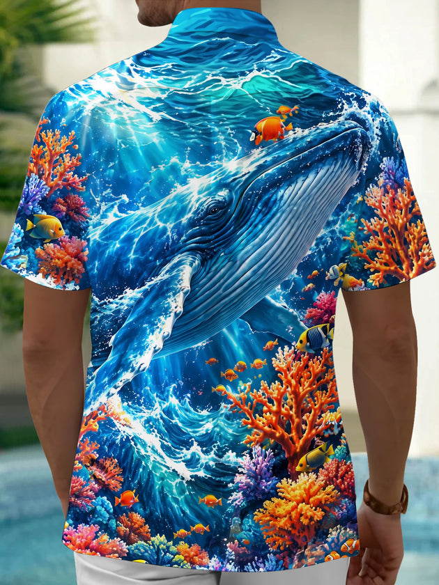 Adaychic Men's Hawaiian Blue Whale And Coral Reef Print Short Sleeve Shirt with Chest Pocket