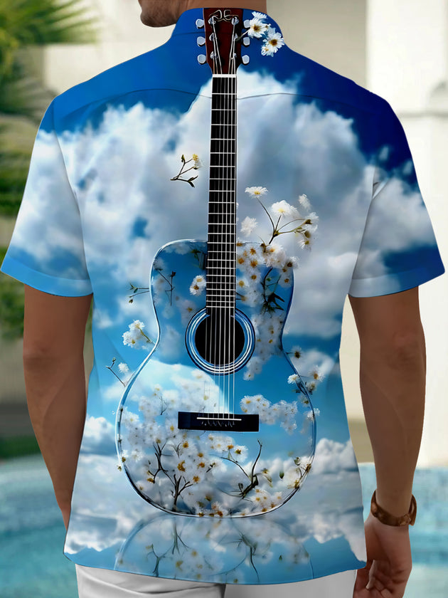 Adaychic Men's Hawaiian Guitar Print Blue Sky Clouds Print Short Sleeve Shirt with Chest Pocket