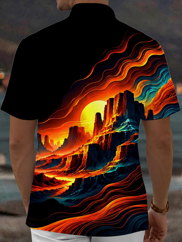 Adaychic Men's Neon Wave Canyon Sunset Landscape Print Short Sleeve Shirt with Chest Pocket