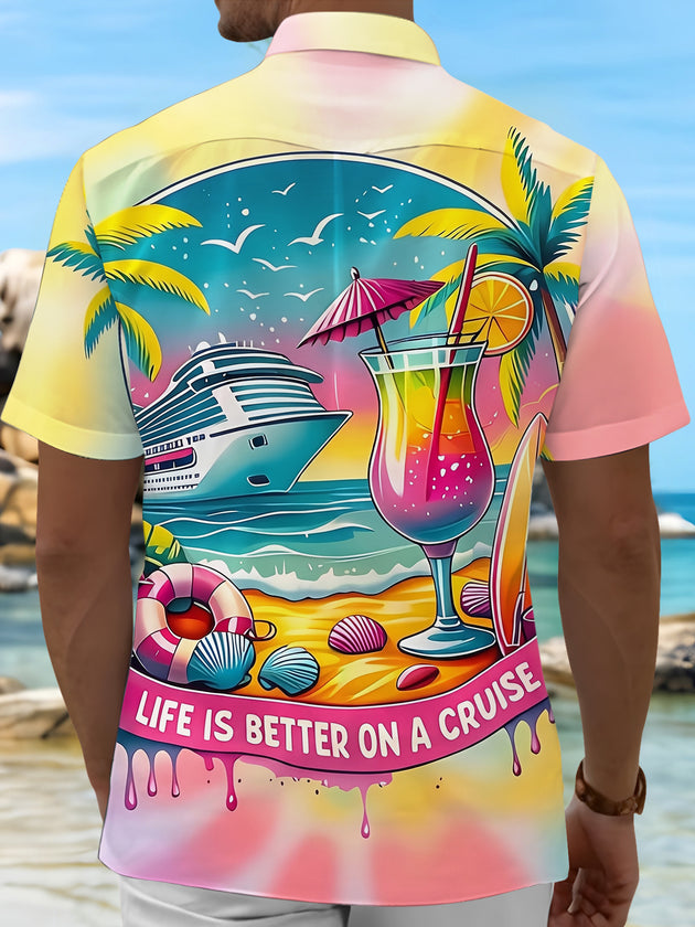 Adaychic Men's Hawaiian Tropical Cruise Ship Beach Scene Print Short Sleeve Button Down Shirt with Chest Pocket